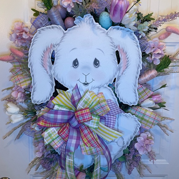 Floppy Ear Easter Bunny Wreath with Pastel Plaid Bow